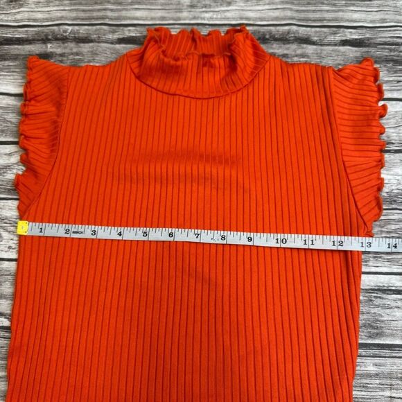 ZARA Women's Bright Orange Ribbed T Tee Shirt S SM Small Lettuce Edge Mock Neck - Picture 8 of 11